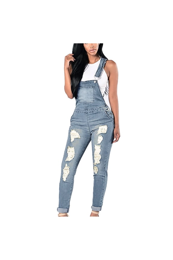 Women's Ripped High Stretch Lift Tummy Control Skinny Denim Overalls Jumpsuit with Adjustable Straps Blue,M