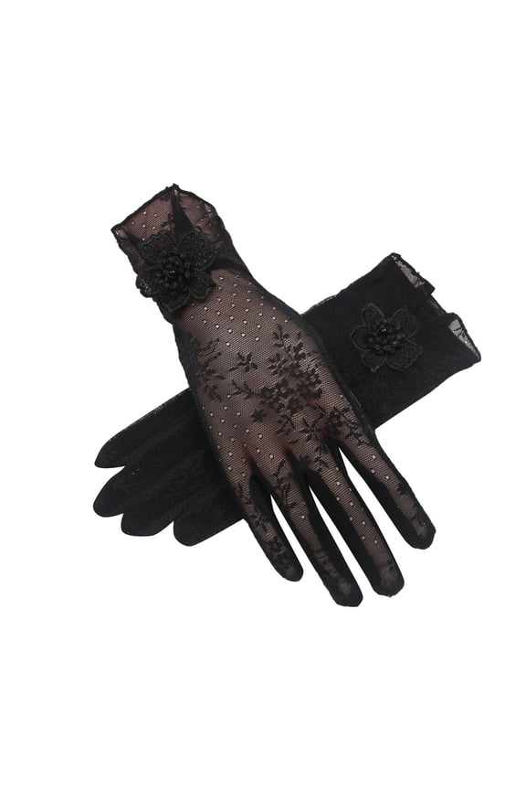 Women's Sheer Lace Gloves, Breathable Mesh Gloves with Floral Pattern, Touchscreen Compatible Short Gloves, Non- Grip for Driving & Daily Use Black