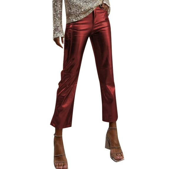 MIASHUI Women's Nightclub Glitter Casual Pants Comfortable Ankle Length Trousers Solid Color Party Wear Long Sequin Disco Pants for Women Red,XL