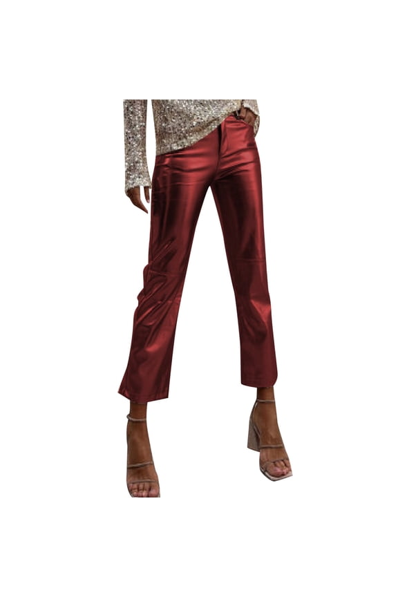 MIASHUI Women's Nightclub Glitter Casual Pants Comfortable Ankle Length Trousers Solid Color Party Wear Long Sequin Disco Pants for Women Red,XL