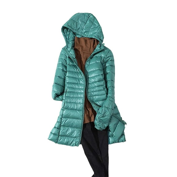 MIASHUI Women's Solid Color Down Jacket Mid-Length, Hooded with Drawstring Portable Slim Fit Coat, Warm Blue,M