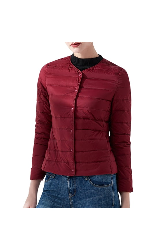 Women's Solid Color Elegant Round Neck Lightweight White Down Liner, Hoodless Short Slim Fit Long Sleeve Jacket ,L