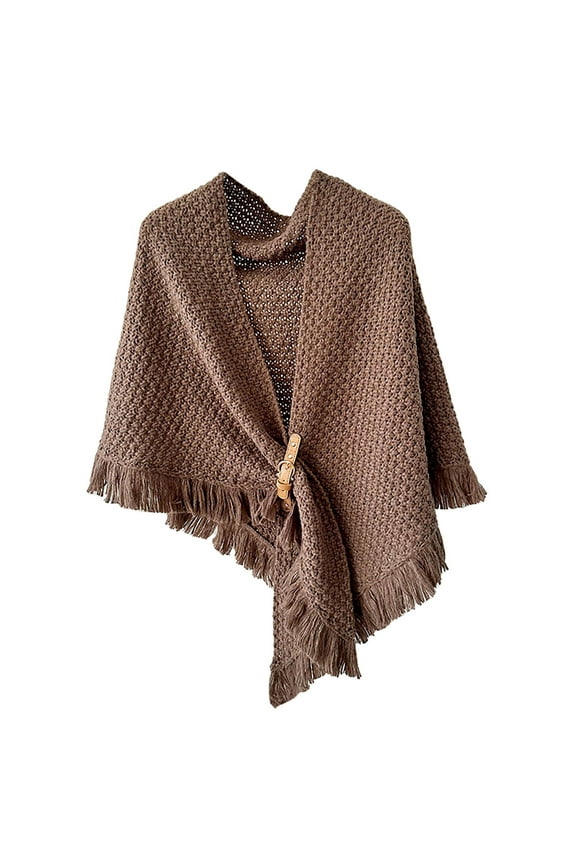 Women's Solid Color Fringe Cape Shawl, Warm Scarf for Women, Outerwear Vest Scarf, Fashion Scarf for Fall and Winter Brown