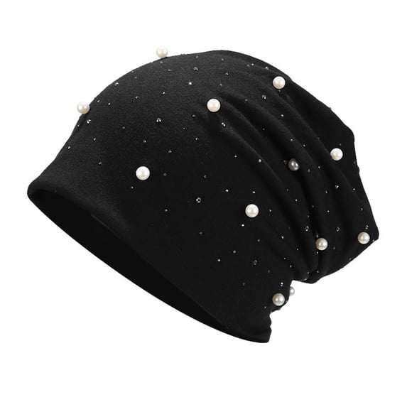 MIASHUI Women's Solid Color Pearl Knitted Beanie Hat for Winter Warmth and Fashion, Stackable Design for Comfort, Suitable for Daily and Maternity Use Black