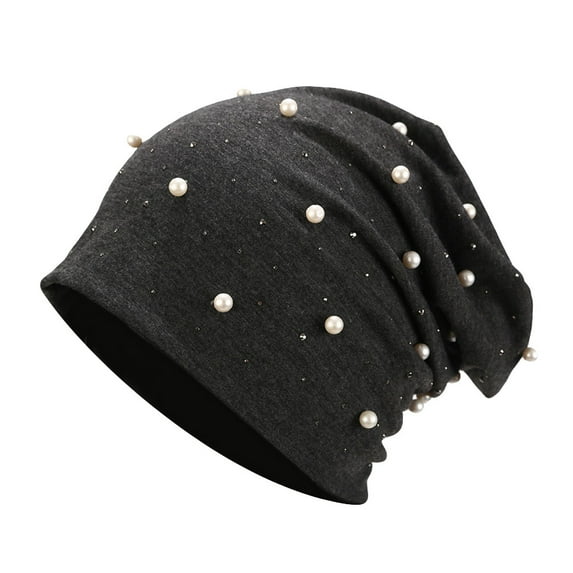 MIASHUI Women's Solid Color Pearl Knitted Beanie Hat for Winter Warmth and Fashion, Stackable Design for Comfort, Suitable for Daily and Maternity Use Dark Gray