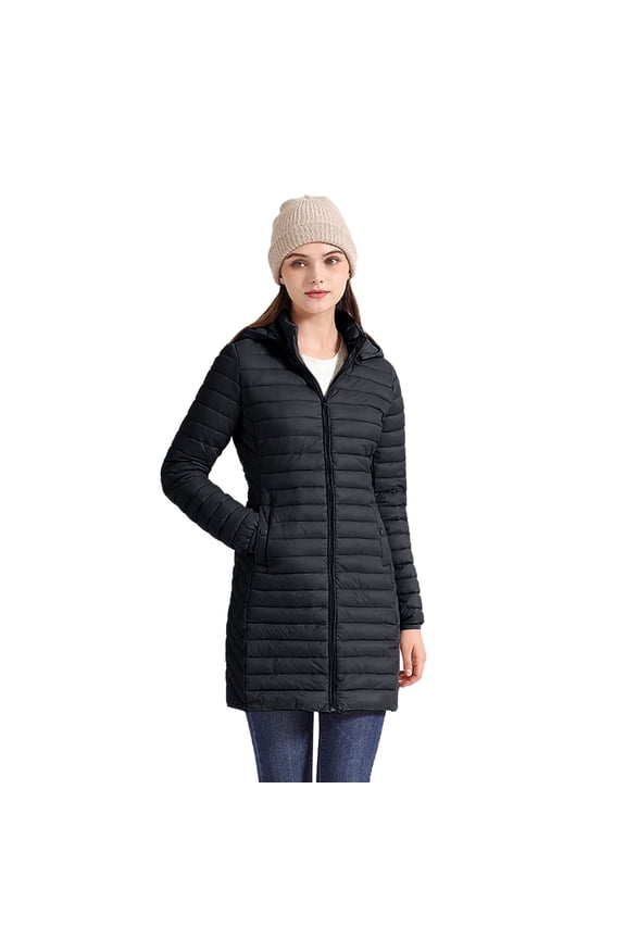 Women's Solid Color Plus Size Waterproof Windproof Lightweight Down Jacket, Mid-Length White Feather Coat Black,S