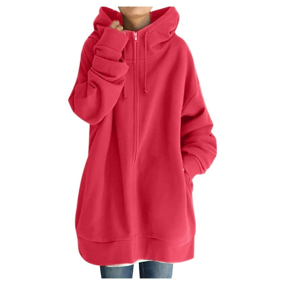 MIASHUI Women's Longline Zip Up Hoodie, Winter Fleece Lined Long Sleeve Casual Jacket, Solid Color Hooded Sweatshirt Outerwear Red,M
