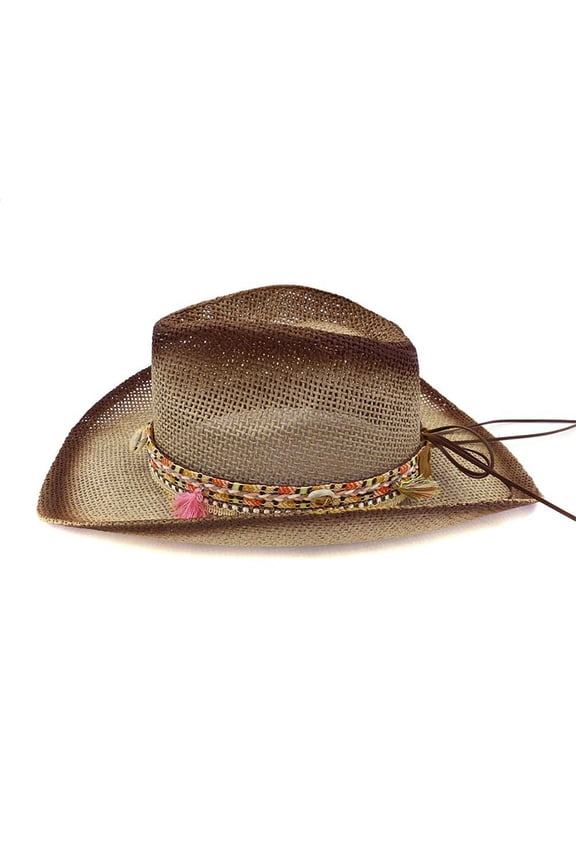 Women's Spray Painted Cowboy Straw Hat with Wide Brim for Sun Protection, Western Style for Outdoor and Casual Wear, Durable for Ranch and Vacation Use Khaki