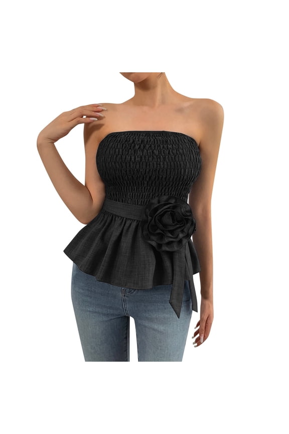 Women's Strapless Knit Tube Top Casual Summer Bandeau Blouse with Ruffle for Beach Outings Black,S