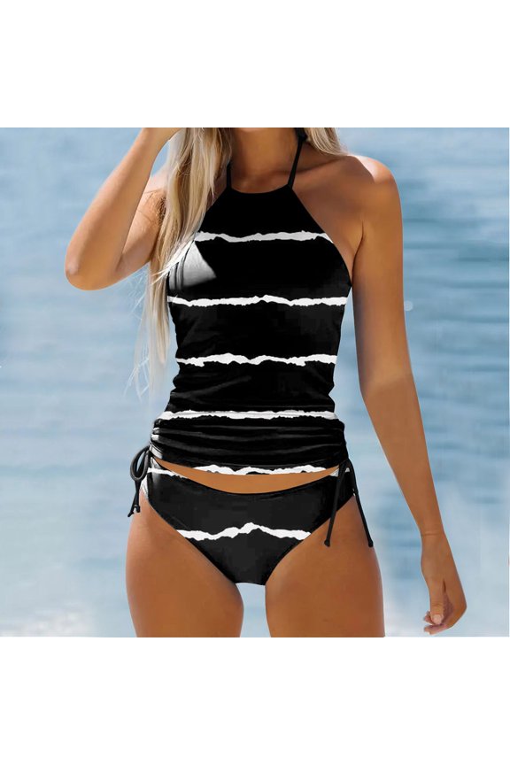 Women's Striped Print Tankini Two Piece Swimsuit Backless With Adjustable Padded Strap Black,S