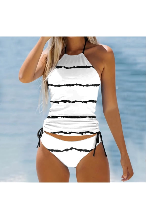 Women's Striped Print Tankini Two Piece Swimsuit Backless With Adjustable Padded Strap White,XXL