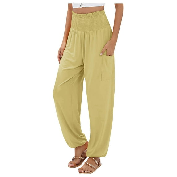 MIASHUI Women's Summer Cotton Lantern Pants Elastic High Waist Wide Leg Bohemian Style Comfort Easy Wear Pant Light Yellow,S
