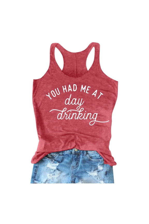 Women's Summer Letter Printed Round Neck Sleeveless Drikin Day Tank Top Casual Comfortable Stretch Fit Red,S