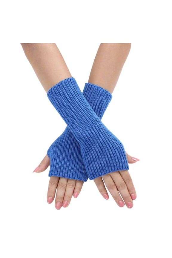 Women's Thin Stripe Knit Fingerless Gloves, Korean Style Half Finger Arm Warmers for Autumn Winter Fashion Blue