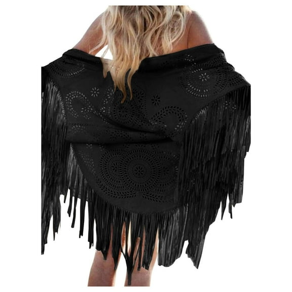 MIASHUI Women's Top Fringe Shawl Retro Simple Suede Cape, Scarf for Women, Bohemian Scarf for Casual Wear Black