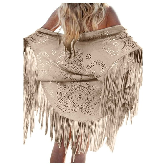 MIASHUI Women's Top Fringe Shawl Retro Simple Suede Cape, Scarf for Women, Bohemian Scarf for Casual Wear Khaki