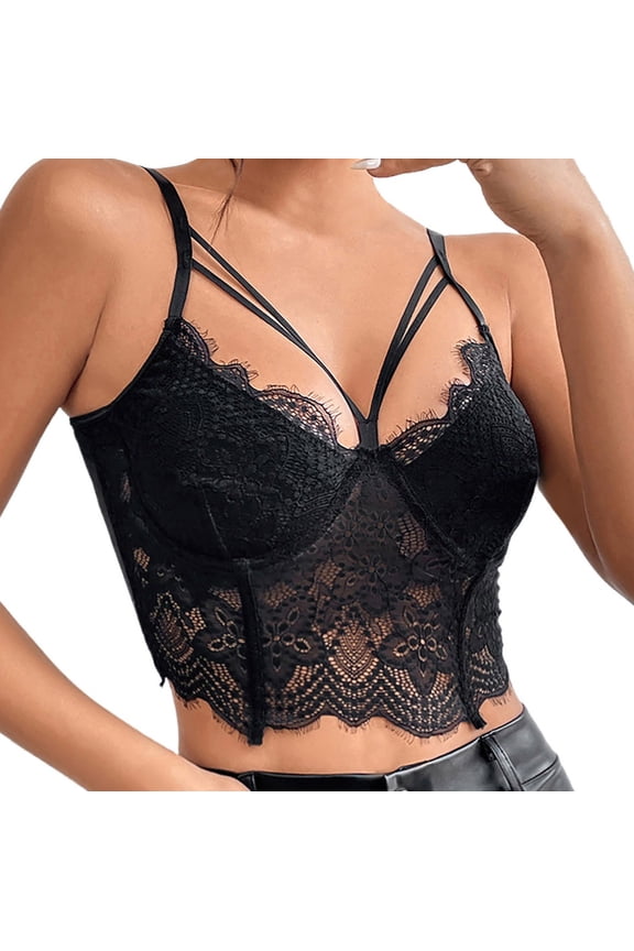 Women's Underwire Corset Camisole Top with Lace Push Up Support and Two Layer Design Black,S