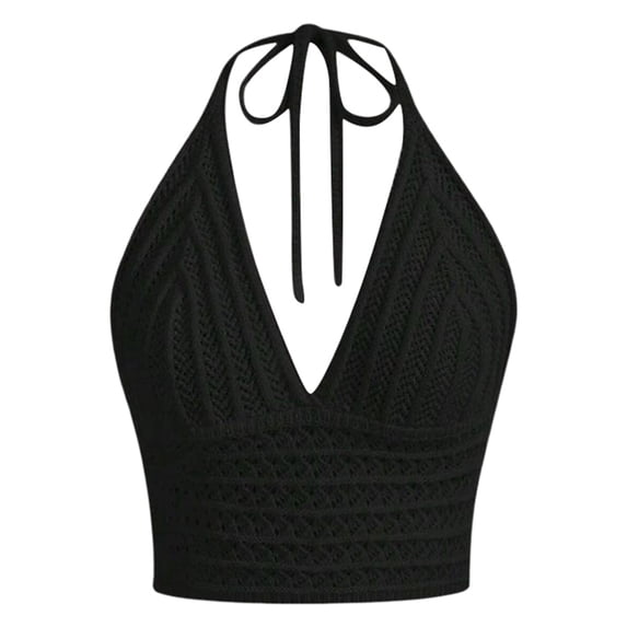MIASHUI Women's V Neck Hollow Knit Bohemian Beach Camisole Stretchy Comfortable Sleeveless Summer Tank Top Black,L