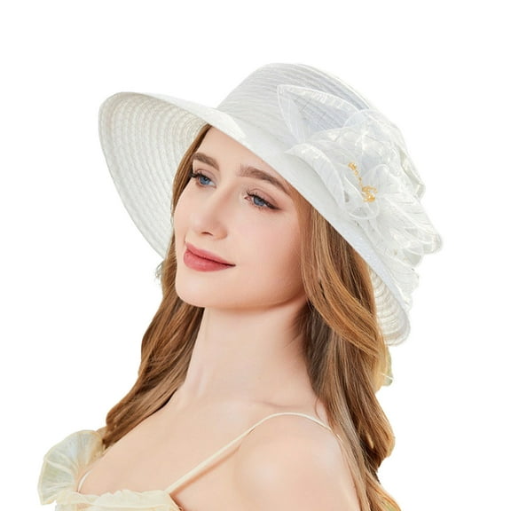 MIASHUI Women's White Organza Bucket Hat for Summer, UV Protection Wide Brim Sun Hat, Elegant Fashion Hat, Size M White
