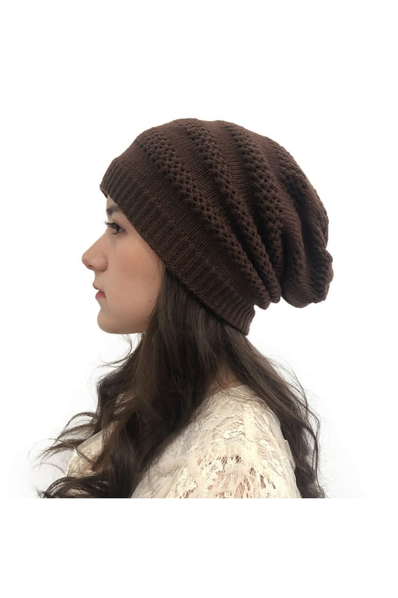 Women's Winter Loose Knit Breathable Slouchy Hat with Lace Pattern Warm Casual Cap Coffee