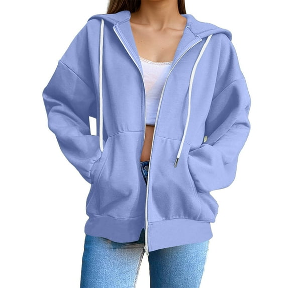 MIASHUI Women's Winter Solid Color Zip Up Hoodie, Loose Fit Pullover with Hood, Casual Long Sleeve Lightweight Sweatshirt Light Blue,M