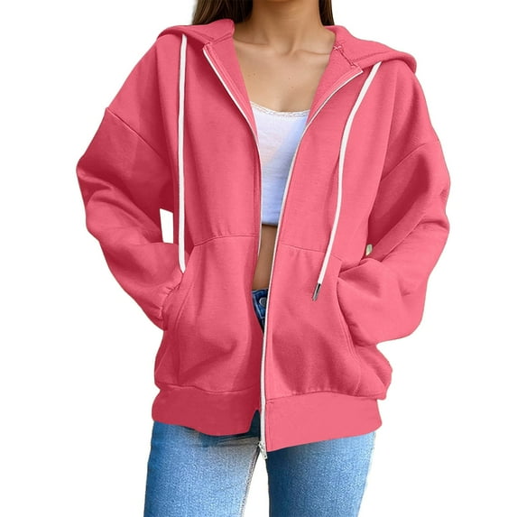 MIASHUI Women's Winter Solid Color Zip Up Hoodie, Loose Fit Pullover with Hood, Casual Long Sleeve Lightweight Sweatshirt Pink,XXL