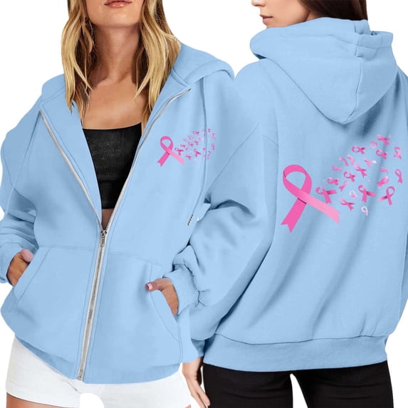 MIASHUI Women's Cancer Awareness Hoodie, Winter Plus Size Zip Up Pullover with Pocket, Long Sleeve Casual Sportswear Light Blue,S