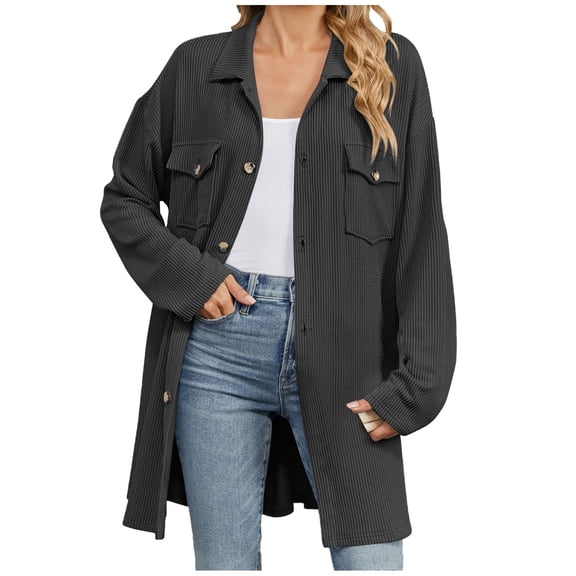 MIASHUI Womens 2024 Solid Color Lapel Button Pocket Long Sleeved Baggy Coat Casual Outerwear Womens Clothes Black,S