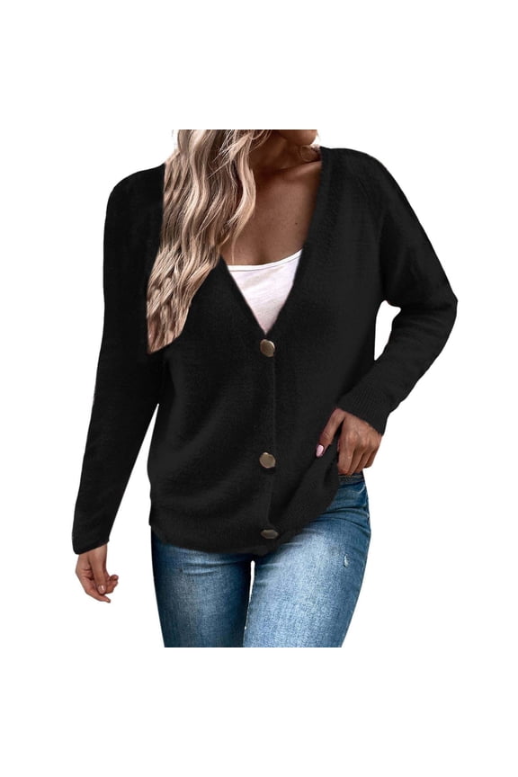 Womens Buttoned Cardigan Knit Sweater Coat Minimalist Row Buttons Open Front Sweaters For Women Black,S