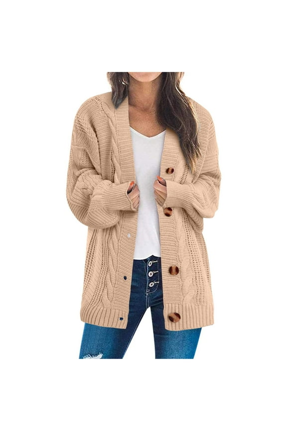 Womens Casual Solid Color Pattern Button Up Cardigan Knit Sweater Coat Lightweight Breathable Hemp Texture Womens Tops Beige,S