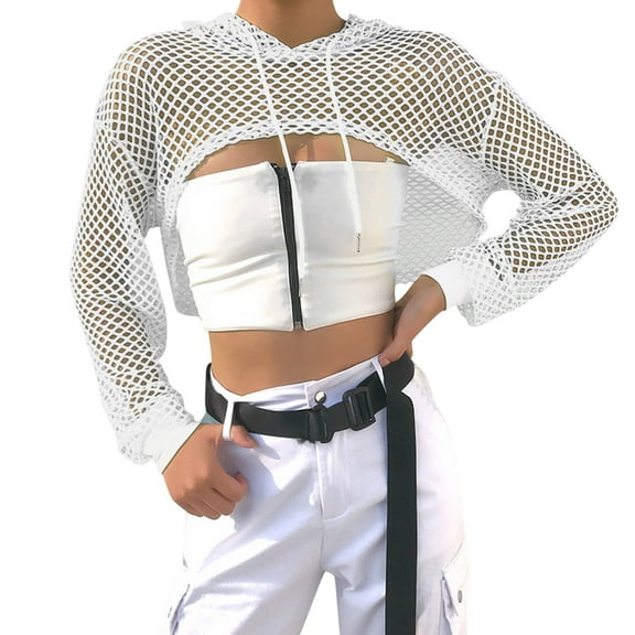Women's Mesh Laced Crop Hoodie, Summer Casual Sheer See Through Top, Drawstring Bustier Hooded Sweatshirt White,L