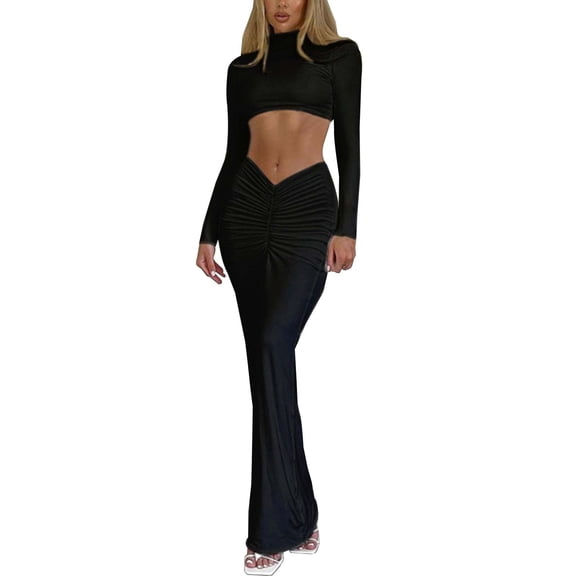 MIASHUI Womens Fashion Casual Solid Color Long Sleeve High Neck Top With Pleated Long Tan Skirt Suit Black,M