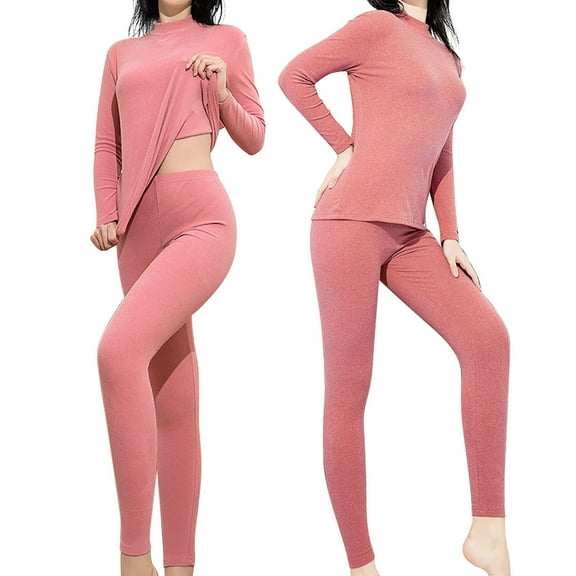 MIASHUI Womens MidNeck Long Sleeve DoubleSided Brushed&nbsp;Thermal Underwear&nbsp;Solid Slim Fit Base Layer Top And Pants Set For Women Pink,M