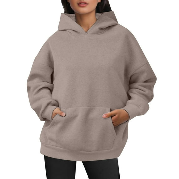 Women's Solid Color Pullover Hoodie with Pocket, Winter Long Sleeve Casual Sweatshirt, Loose Fit Hooded Top for Women Khaki,M