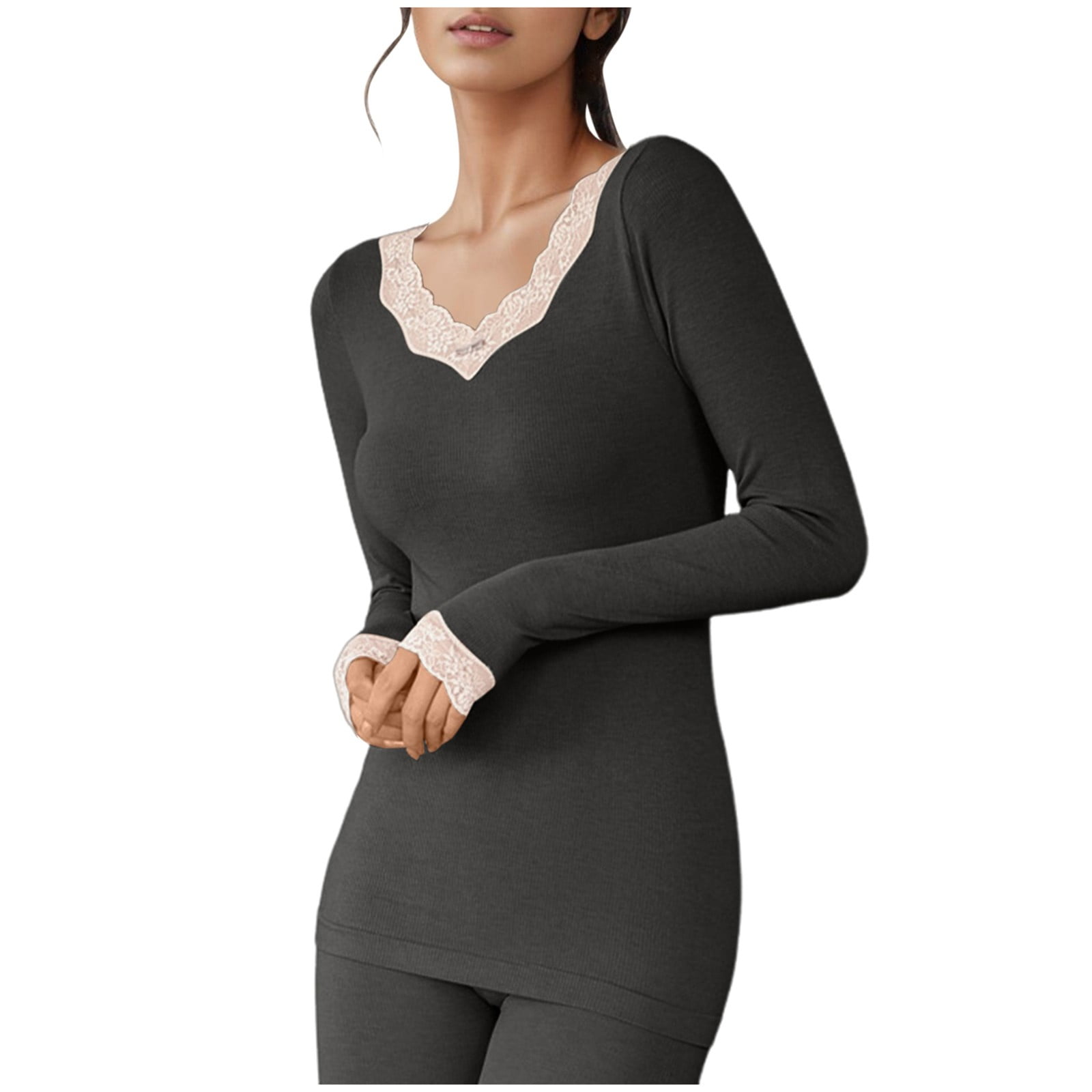 MIASHUI Womens Thermal Underwear Sets V Neck Long Sleeve Lace Tee and