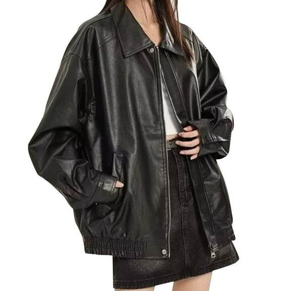 MIASHUI Womens Fashion Long Sleeve Oversized Vintage Biker Jacket Leather Coat With Button Zipper Pocket Black,XXL