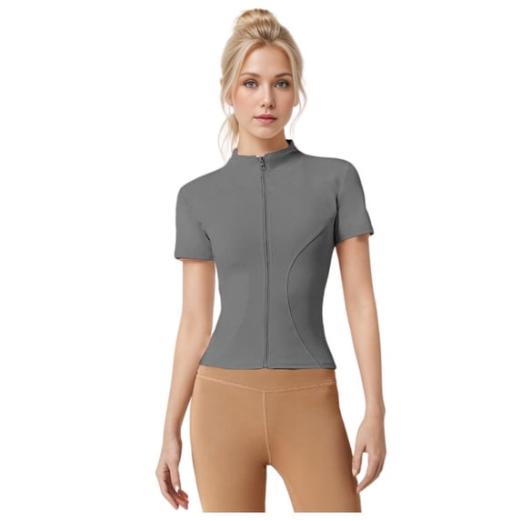 MIASHUI Womens Fitness Jacket Slim Fit Short Sleeve Sports Top Yoga Jacket For Workout Casual Wear Grey,S