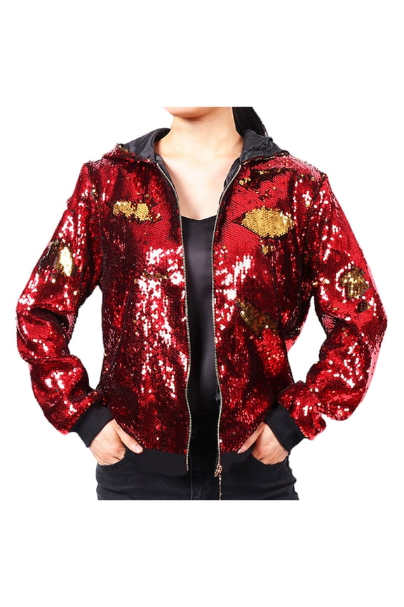 Womens Reversible Sequin Jacket Hooded Baseball Style Shimmering Outerwear Party Coat Gold,S