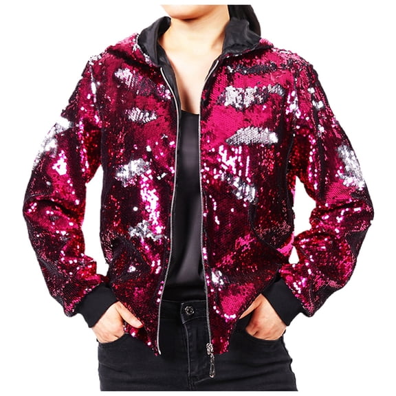 MIASHUI Womens Reversible Sequin Jacket Hooded Baseball Style Shimmering Outerwear Party Coat Hot Pink,L