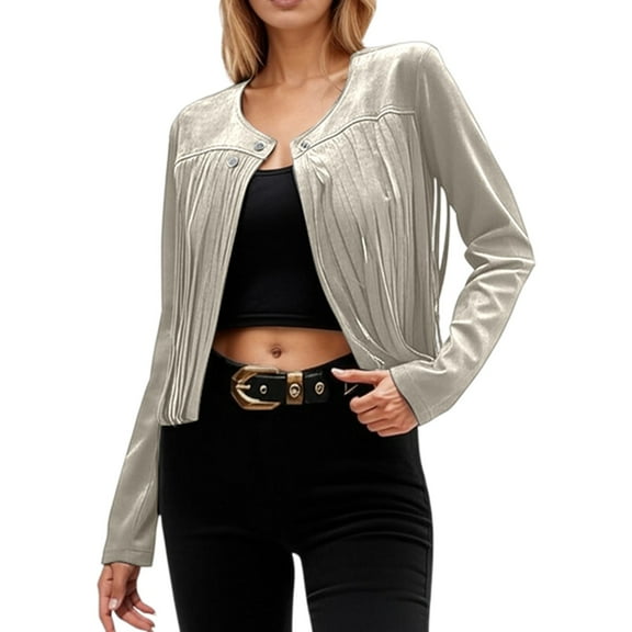 MIASHUI Womens Trendy Solid Color Long Sleeve Fringe Jacket Open Front Casual Outerwear Coat White,S