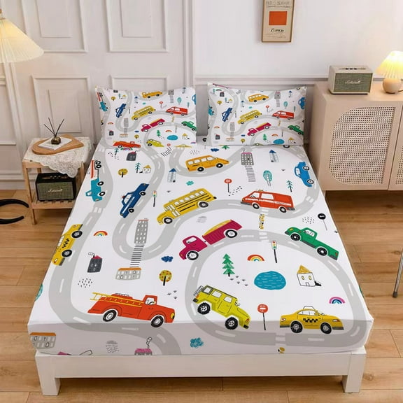 MIBNCE Cartoon Car Kids Fitted Sheet Construction Bed Sheet Set Cartoon Excavator Bedding Set Engineering Vehicle Bed Sheet Sets with 1 Fitted Sheet and 2 Pillowcases,Twin Size,Style B