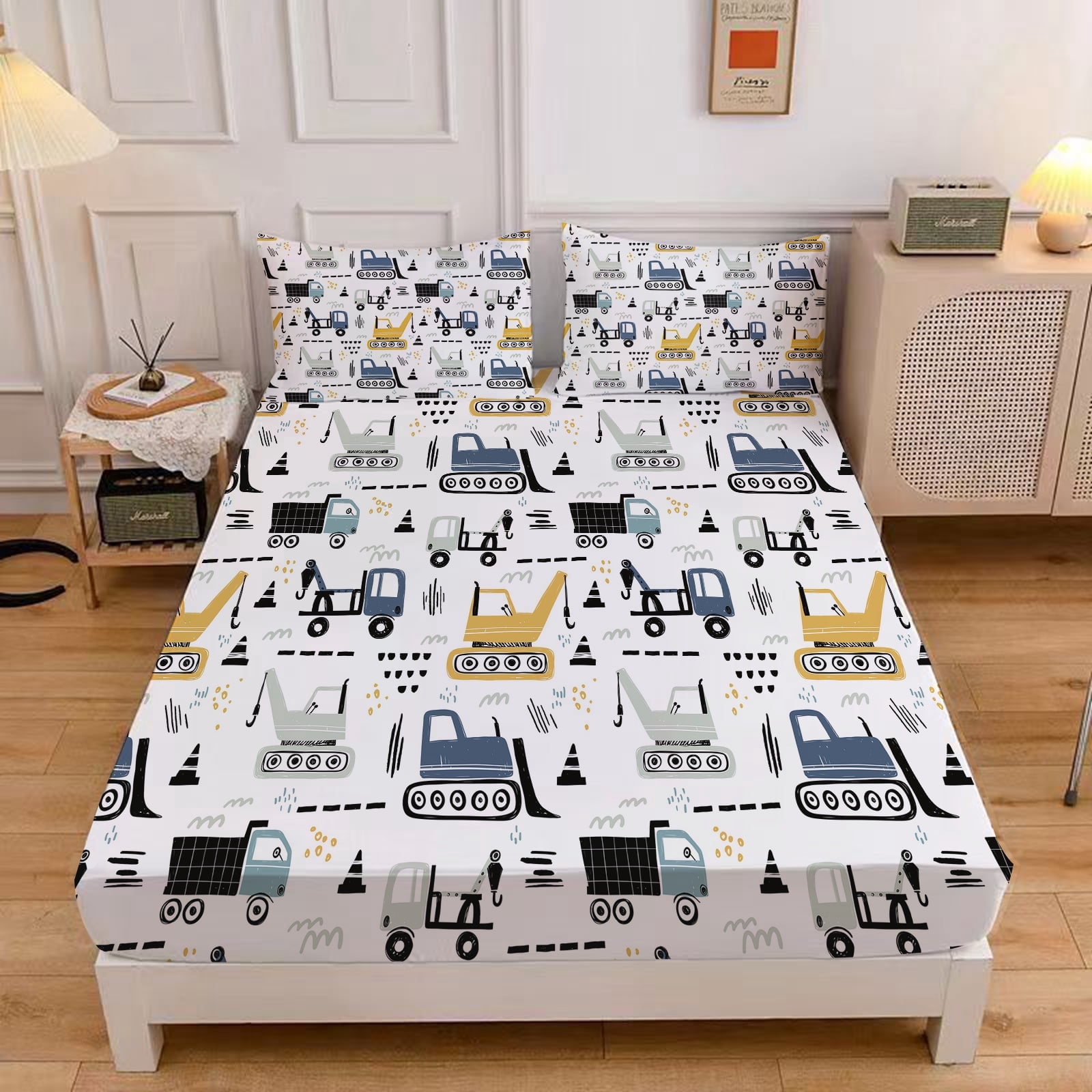 MIBNCE Cartoon Car Kids Fitted Sheet Construction Bed Sheet Set Cartoon Excavator Bedding Set Engineering Vehicle Bed Sheet Sets with 1 Fitted Sheet and 2 Pillowcases,Twin Size,Style A