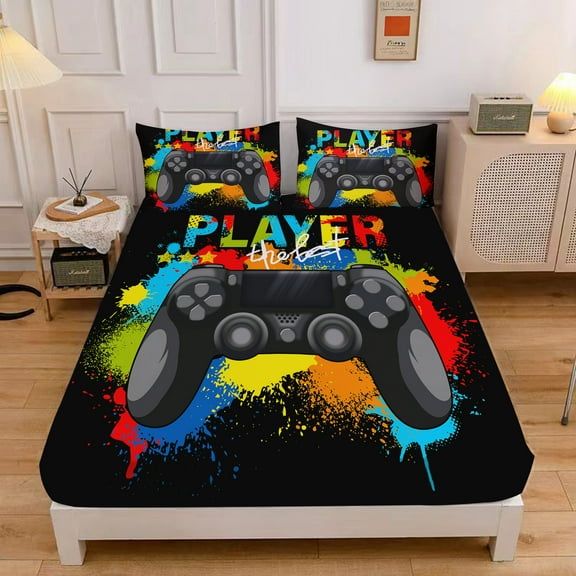 MIBNCE Gamer Sheet Set 3Pcs Kids Gamepad Fitted Sheet Modern Gamer Printed Bedding Set with 1 Fitted Sheet and 2 Pillowcases,Gamer Bed Sheet Sets,Twin Size,Style B