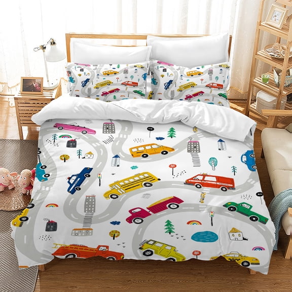 MIBNCE Kids Cartoon Excavator Bedding Comforter Sets for Boy and Girls,Cartoon Engineering Vehicle Bedding Set,Construction Truck Pattern Comforter Set with 2 Pillowcases,Full Size,Style B