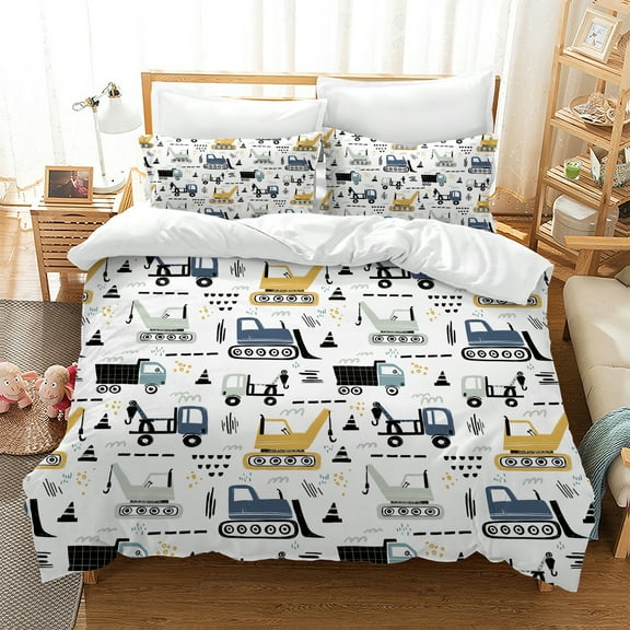 MIBNCE Kids Cartoon Excavator Bedding Comforter Sets for Boy and Girls,Cartoon Engineering Vehicle Bedding Set,Construction Truck Pattern Comforter Set with 2 Pillowcases,Twin Size,Style A