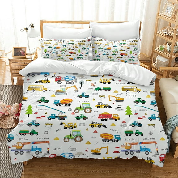 MIBNCE Kids Cartoon Excavator Bedding Comforter Sets for Boy and Girls,Cartoon Engineering Vehicle Bedding Set,Construction Truck Pattern Comforter Set with 2 Pillowcases,Twin Size,Style C