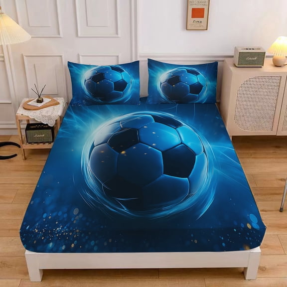 MIBNCE Kids Soccer Fitted Sheet Set, Football Bed Sheet 3D Printed Soccer Bedding Set with 1 Fitted Sheet and 2 Pillowcases,Sports Theme Bedding Queen Size,Style C