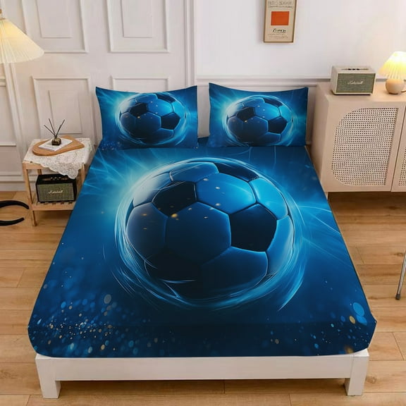 MIBNCE Kids Soccer Fitted Sheet Set, Football Bed Sheet 3D Printed Soccer Bedding Set with 1 Fitted Sheet and 2 Pillowcases,Sports Theme Bedding Twin Size,Style C