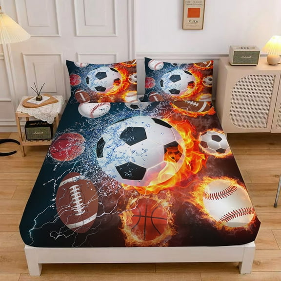 MIBNCE Kids Soccer Fitted Sheet Set, Football Bed Sheet 3D Printed Soccer Bedding Set with 1 Fitted Sheet and 2 Pillowcases,Sports Theme Bedding Twin Size,Style B