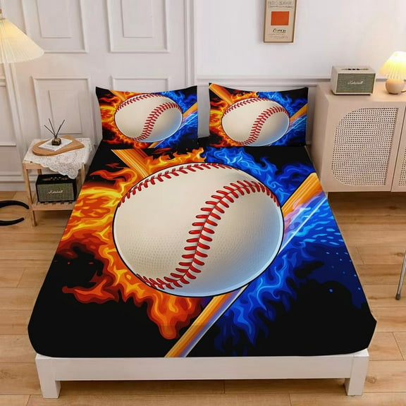 MIBNCE Sports Baseball Fitted Sheet Set Sports Theme Bedding Set for Kids Boys 3D Baseball Pattern Bed Sheets Baseball Games Bed Sheet Set Room Decor,Queen Size,Style C